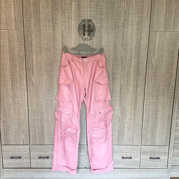 Athina PU Pink Faux Leather Multi Pocket Cargo Pants - Picture 1 of 15